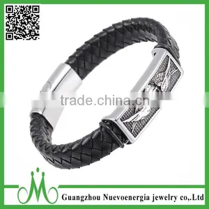 Halloween Punk Skull Wings Genuine Leather Bracelet Unisex Stainless Steel Clasp Cuff Bangle thumbnail-1