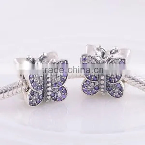 925 Sterling Silver Sparking Butterfly Bead With Purple Zirconia Fit European Charm Bracelet thumbnail-2
