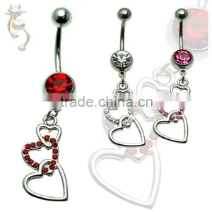 Cubic Zirconia Triple Heart Belly Ring Stainless Steel Body Piercing Jewelry thumbnail-1