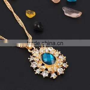 High Quality Big Green Stone Korea Wedding Necklace and Earring Sets Gold Jewellery thumbnail-5