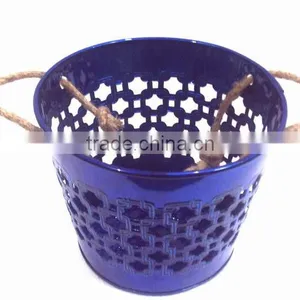Blue Color Galvanized Metal Planter Pot With Jute Handle for Garden & Home thumbnail-4