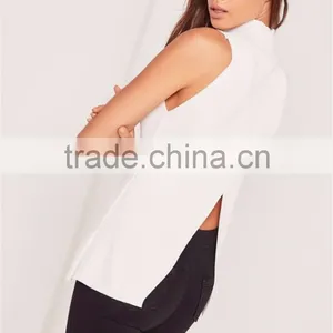 Plain White High Collar Sleeveless Knitwear With Split Back Women Wrap Back Tunic Top White thumbnail-3