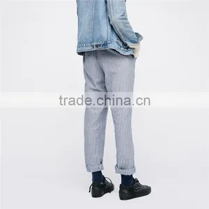 Ladies Navy Blue Jogger Pants Cotton-linen Wide Striped Trousers thumbnail-3