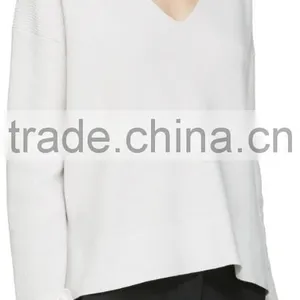 Women Wearing Sexy Design V Neck Blank White Sweater With Rolled Cuffs With Buttons thumbnail-2