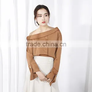 2017 Autumn New Style Chiffon Sexy Collar Diagonal Shoulder Long Sleeve Fashion Blouse Chiffon Shirt thumbnail-4
