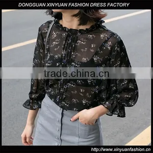 2017 Fashion Womens Puff Sleeve Chiffon Printed Blouse Designs Ladies Fashion Elegant Shirts Blouse thumbnail-1