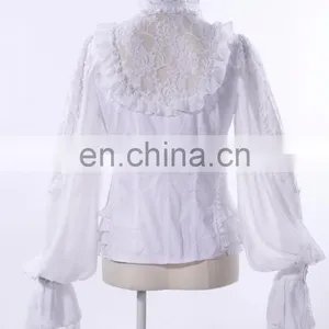 Gothic Ruffled Front High Neck Blouse With See-through Floral Lace Details and Wide Puffed Sleeves thumbnail-3