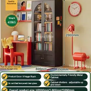 Vintage Metal Glass Bookcase With Curved Glass Door for Study Room | 3C Certified Tempered Glass & Adjustable Shelves thumbnail-2