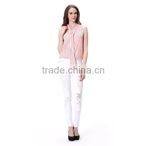 Lady Fashion Pink Striped Printed Tie Sleeveless Tops thumbnail-2