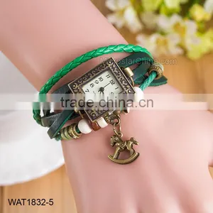 Vintage Rectangle Watchhead Green Leather Ladies Bracelet Wrist Watch thumbnail-1