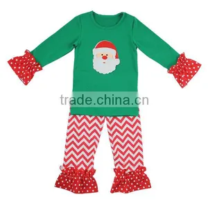 Children's Fall Boutique Clothing Christmas Green Top and Red Chevron Ruffle Pant Outfits thumbnail-1