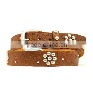 Western Brown Belt Embossed With Floral Silver-tone Studs Floral Studded Belt thumbnail-1