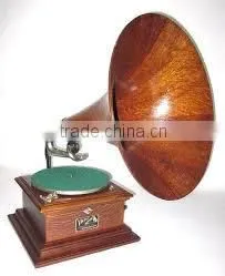Antique Gramophones , Gramophone With Wooden Base and Brass Horn Painted in Black and White thumbnail-1