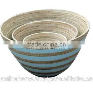 Set of 3 Striped Blue Colored Lacquer Bamboo Salad Bowls thumbnail-1