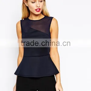 New Design Crew Neckline Peplum Top With Mixed Fabric thumbnail-2