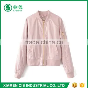 New Arrival Fashion Pure Color 100% Polyester Slim Fit Ladies Pink Bomber Jacket thumbnail-1