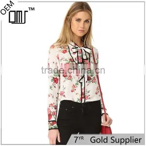 2017 Latest Long Sleeve Spring Fashion Ladies Floral Tie Neck Blouse thumbnail-1