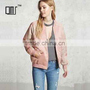 2017 Womens Windproof Satin Contrast Ribbed Knit Trim Bomber Jackets thumbnail-1
