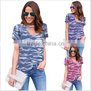 Fashion Camouflage Round Collar Short Sleeve Sexy Hollow Out thumbnail-2