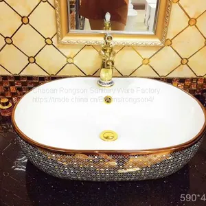 Chinese Bathroom Wash Oval Gold Plated Art Basin Ceramic High Quality Modern Countertop Art Wash Basin Sink in Hotel thumbnail-3