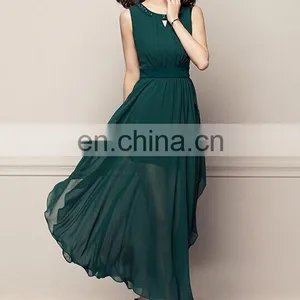 Green Pleats Ruffle Bottom Sleeveless Chiffon Long Skirt thumbnail-2