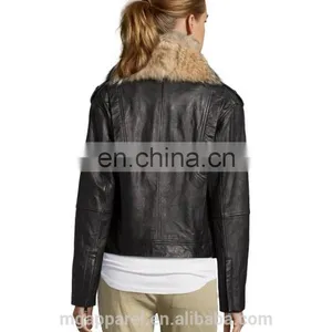 Black Leather Fur Collar Asymmetrical Zip Motorcycle Jacket Woman Coat thumbnail-4