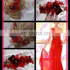 Aidocrystal Deep Red Hairpiece, Red Flower Bridal Hair Flower Headband Headwear thumbnail-1