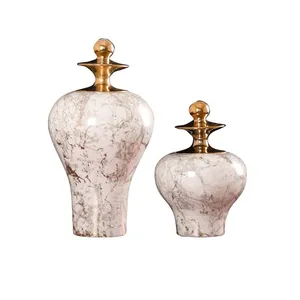 Gold Marbling White Luxury Chinese Jingdezhen Ceramic Vase With Gold Lid For Home Decor thumbnail-5