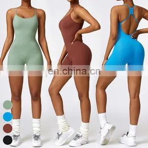 Sexy Rompers Sports Sets Workout Bodysuit Gym Fitness Jumpsuits Sleeveless Cross Back One Piece Short Yoga Jumpsuit For Women thumbnail-1