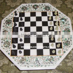 Inlay White Marble Chess Design Coffee Table Top thumbnail-1