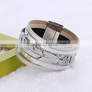 6 Color In Stock Fashion Silver Leaf Charms Vintage Multilayer Crystal Leopard Leather Bracelet thumbnail-5