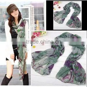 Green Begonia Flower Ink Style Long Cotton Neck Scarf Shawl thumbnail-1