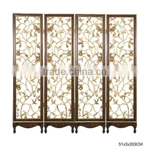 Elegant Gilt Wooden Floor Screen, Gold Painted Flower & Bird Four Panel Folding Screen, Curio Classic Furniture Decor Screen thumbnail-2