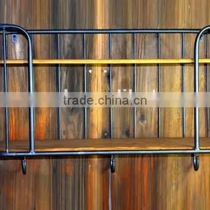 3 Hooks Wood Board Metal Frame Rustic Wall-Mounted Shelf thumbnail-1