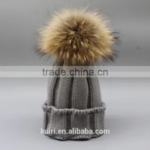 Winter Kids Fur Pom Pom Hats Baby Knitted Beanie 100% Real Raccoon Fur Cap For Boy Girl thumbnail-4