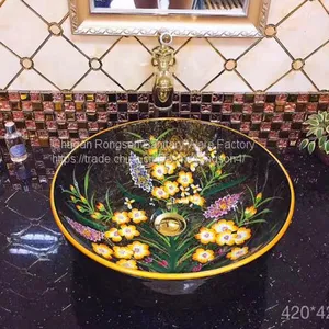 Yellow Ceramic Hand Wash Basin Square Single Hole Tabletop Bathroom Wash Basin Sink With Hand Paint Fancy Design thumbnail-2