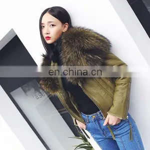 High Fashion Red Real Leather Jackets for Women / Raccoon Fur Collar Leather Jacket Made in China thumbnail-3