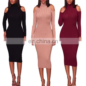 Fashion Design Cold Shoulder Knitting Sweate Sexy Bodycon Party Midi Dress thumbnail-4