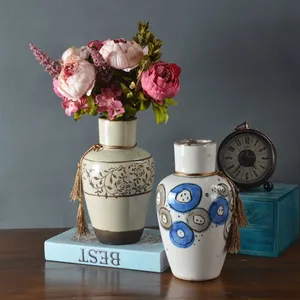 Tassel Rope American Countryside Style Hand Made Large White Ceramic Vase For Dining Room Decor thumbnail-2