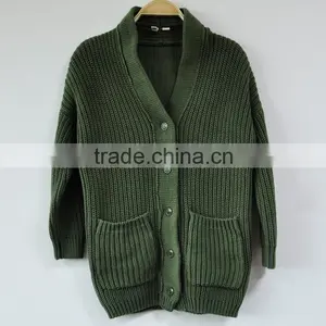 Two Pocket V-Neck Cardigan Sweater Army Green Long Sleeve Sweater for Nurse thumbnail-1