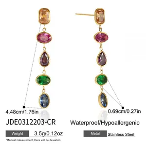 Luxury Long Drop Earrings Gold Plated Stainless Steel Cubic Zirconia Dangle Earrings Elegant Women Jewelry thumbnail-2