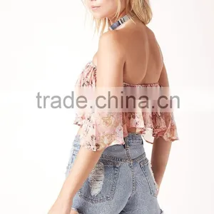 Designer Western Tops Images Women Off Shlouder Pink Floral Pattern Ruffle Crop Tops thumbnail-4