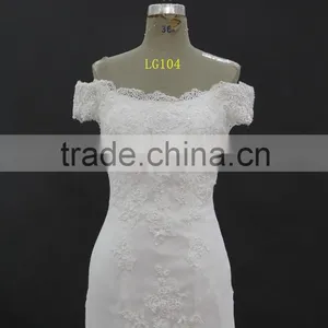 Off-shoulder Straight Neckline Horse Tail at Hem Make Ruffle Effect Sheath Wedding Dress thumbnail-2
