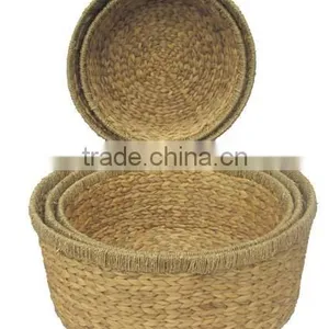 Round Water Hyacinth Storage Basket With Seagrass Line thumbnail-1
