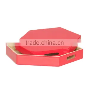 Hexagon Colored Lacquer Serving Tray, Spun Bamboo Tray thumbnail-1