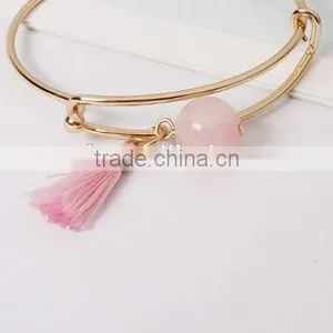 Pink Crystal Quartz and Tassel Gold Wire Bangle Natural Stone Gold Wire Bangle thumbnail-4