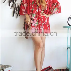 Summer Women Sexy Batwing Sleeve Floral Chiffon Beach Evening Party Short Dress thumbnail-4