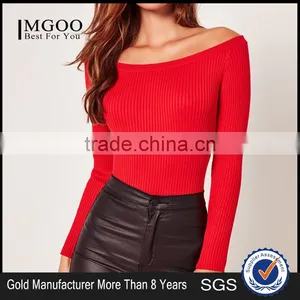 Red Opening Soulder Raglan Sleeve Bodysuit Cotton Blends Long Sleeve Sexy Plain Sweater thumbnail-1