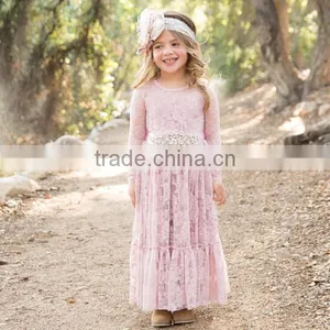 Baby Girls Fall Pink Lace Long Sleeve Maxi Dress Children Growns Frocks Design Clothing thumbnail-5