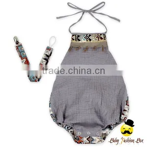 Summer Kids Gray Cotton Halter Blank Bodysuit Infant Newborn Baby Girl Vintage Romper Matching Pacifier Clips Gift Set thumbnail-1